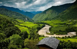 Geniesse den tollen Ausblick ins grüne Punakha Tal